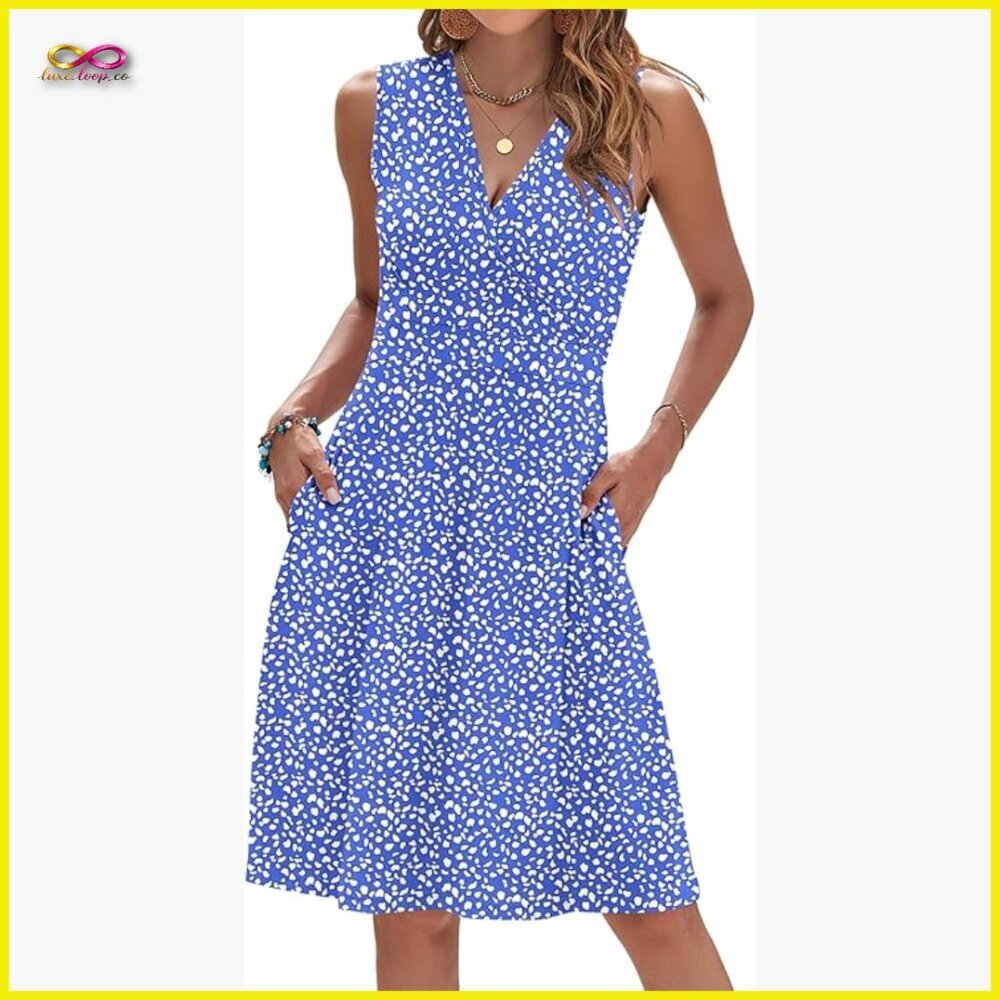 Sleeveless V-Neck Wrap Floral Sundress with Pockets Elegant Summer Casual